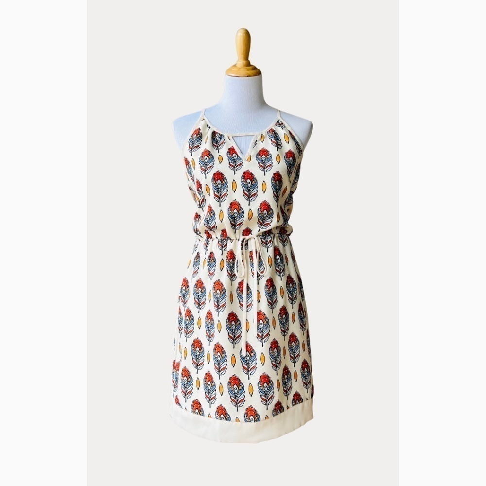 Joy Joy Boho Feather Drawstring Summer Crepe Mini Dress -‎ XS